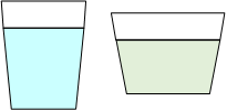 The glasses after swapping their contents. The tall glass has the blue liquid, and the short glass has the green liquid.