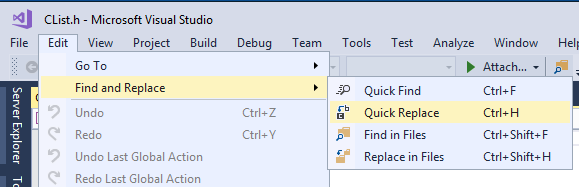 A screen capture demonstrating the 'Find and Replace' operation in the Visual Studio text editor. Choose 'Edit' from the menu at the top, 'Find and Replace' and 'Quick Replace'.