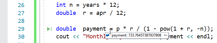 A screen capture showing the payment.cpp program running in the debugger. Execution pauses on the return statement at the end of the program. The mouse pointer hovers over the variable payment, and the debugger displays payment|733.76457387937808.