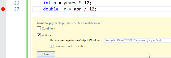 This screen capture shows the tracepoint configuration window. Check two boxes: Actions and Continue code execution. Locate the text field labeled Show a message in the Output Window.