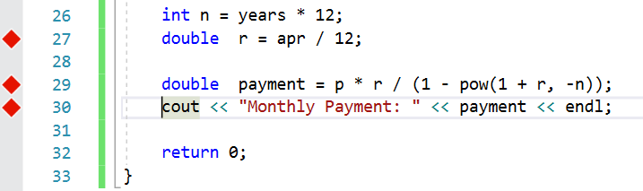 This screen capture shows that the programmer has created two more tracepoints for the statements that calculate payment and print payment to the console.