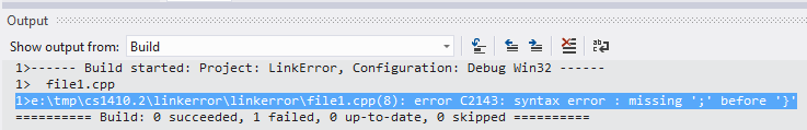 A screen capture showing the Visual Studio output window, which is displaying a syntax error message. An error message, suggesting that the program is missing a ';' on line 8, is highlighted.