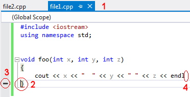 A screen capture showing part of a program in the Visual Studio editor. The program consists of two files; the file containing a syntax error is open. A marker indicates the line where the compiler component detected a missing semicolon.