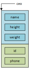 An abstract representation of an Employee object consisting of two parts. The first part is an instance of Person with three member variables. The second part is an instance of Person with two member variables.