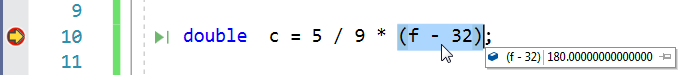 In this screen capture, (f-32) is highlighted, the mouse pointer again hovers over the highlighted expression, and the debugger displays (f-32)|180.00000000000, which indicates that f-32 or 212-32 is 180.