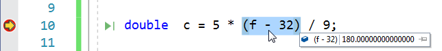 A screen capture of the payment.cpp program. The image shows a large red dot with a yellow arrow on the same line as the updated formula: 5*(f-32)/9. (f-32) is highlighted, the mouse pointer hovers over the highlighted expression, and the debugger displays (f-32)|180.00000000000.