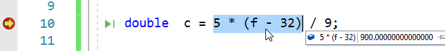 The mouse pointer hovers over the highlighted expression, 5*(f-32), and the debugger displays 5*(f-32)|900.00000000000.