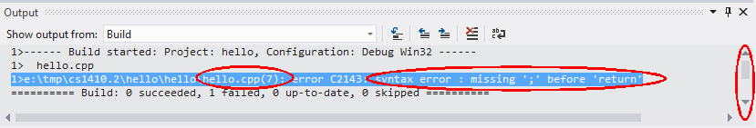 A screen capture showing the output window after scrolling the output to the top. It shows the file name and line number where the syntax error was detected and displays syntax error : missing ';' before 'return'.