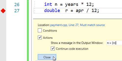 The next screen capture demonstrates a simple action that a programmer can enter in the text field: n = {n}.