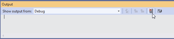 The clear button is on the Output window's toolbar and is decorated with lines representing lines of text with an X in the upper left-hand corner. Hover the mouse pointer over the button to see a textual label.