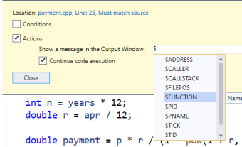 A picture showing the tracepoint configuration menu. Checking the 'Action' checkbox displays the Action input field.