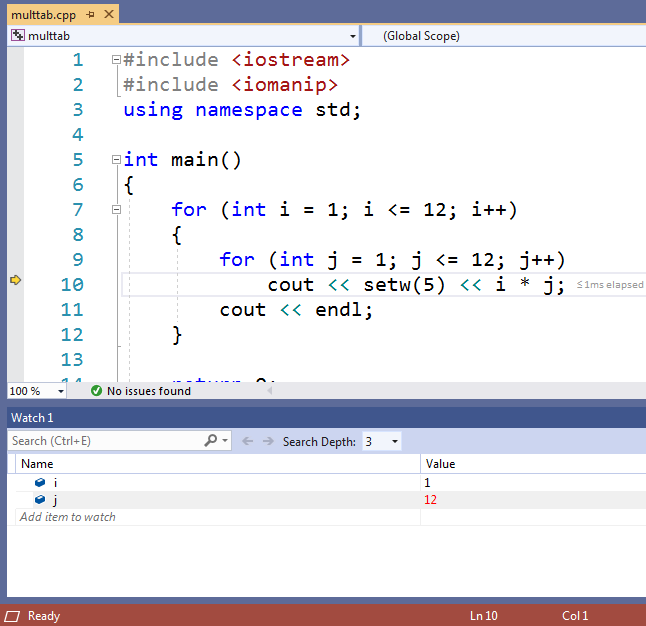 Pressing the single-step button or control-F11 cycles through the inner loop and causes j's value to count up to 12.