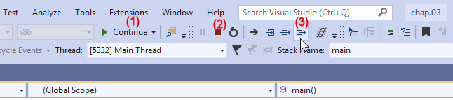 There are three ways to stop the debugging session: First, you can continue stepping through the program until it ends. But, if you want to end sooner, you can press the stop button (decorated with a large red square), or you can press the Step Out button (a box with an arrow pointing out).