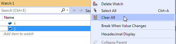 If you are watching multiple variables and want to remove all of them quickly, right-click on one and select Clear All from the popup window.