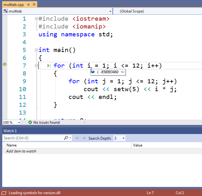 The program pauses before the for-loop runs. The mouse pointer hovers over the loop control variable, <kbd>i</kbd>, and the debugger displays -858993460. Before the for-loop saves a value in <kbd>i</kbd>, it contains a random value.