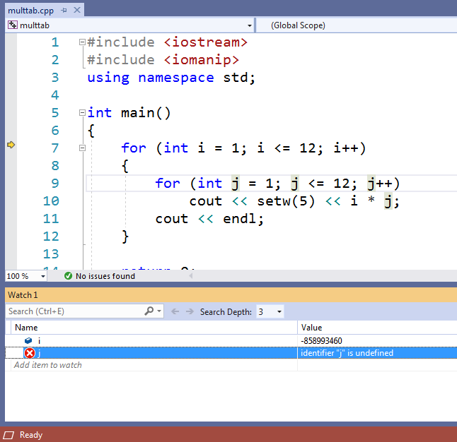 A row for j is added to the "Watch" window. A red circle with a large X in it and the statement "identifier <kbd>j</kbd> is undefined" announce that j is still out of scope.