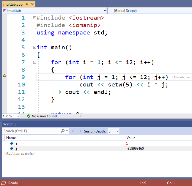 The debugger executes one statement each time a user presses the single-step or control-F11 button. The single-step operation runs the statement indicated by a yellow arrow on the left edge of the editor window. Whenever a statement changes the value saved in a watched variable, the debugger updates the displayed value in the Watch window. Stepping the program updates <kbd>i</kbd> to 1 and moves the program into <kbd>j</kbd>'s scope.