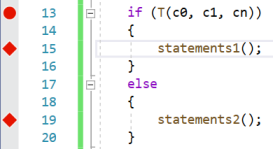 A picture showing a breakpoint on an if-statement and tracepoints on the first statement in each of its branches.