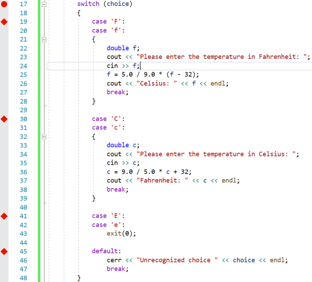 A screen capture showing a breakpoint on the 'switch' line, and tracepoints on the 'case' labels.