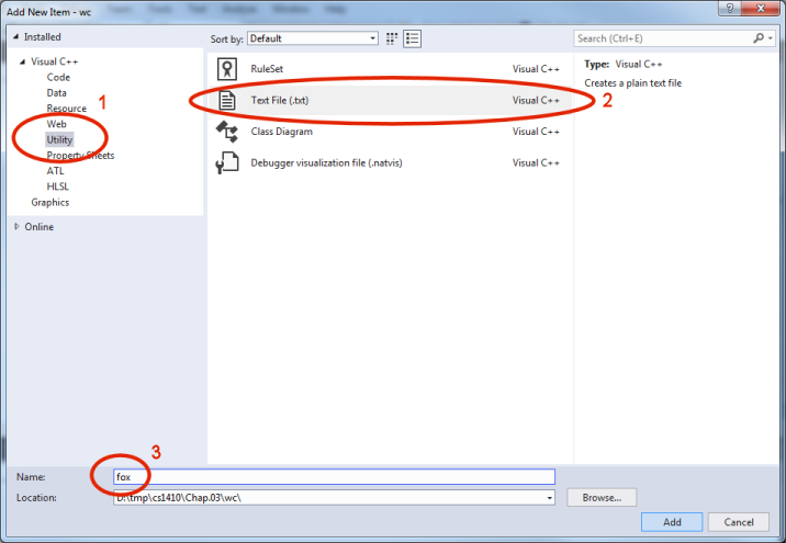 A screen capture illustrating the Add New Item popup window. At the top-left, the programmer selects Utility. Next, at the top center, the programmer Text File. Finally, the programmer enters the name fox in the name field at the bottom of the window and presses the Add button.