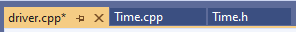 A picture of the tabs at the top of the editor. There is one tab for each file in the Time example: driver.cpp, Time.cpp, and Timh.h.