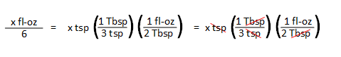 x fl-oz / 6 = (x tsp) (1 Tbsp / 3 tsp) (1 fl-oz / 2 Tbsp). The tsp and Tbsp units cancel out, leaving x fl-oz / 6.