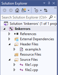 A picture of a Visual Studio project showing the header and two C++ source code files.
