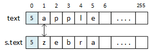 The picture has two strings. As pictured, the first string contains 'apple' and the second 'zebra.' The function must only compare the first character from each string to detect the mismatch. 'a' comes before 'z,' so the function returns -1.