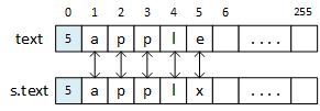 The picture shows two strings, 'apple' and 'applx.' The function compares all five characters before detecting the difference between the strings. As pictured, 'e' comes before 'x,' and the function returns -1.