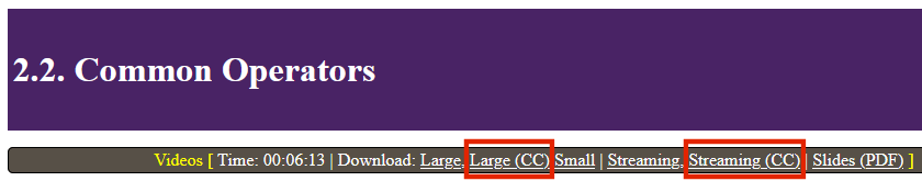 A picture of the video bar appears at the top of each section. Red boxes indicate the two closed-captioned versions of the videos, one downloadable and the streaming. The names of the closed-captioned versions have 'CC' as part of their name.