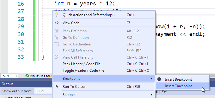 A screen capture showing how to set a tracepoint. After the programmer right-clicks the line where he or she wants to set the tracepoint, a popup window opens. Selecting Breakpoint from the menu, opens a second menu and the programmer selects Insert Tracepoint.