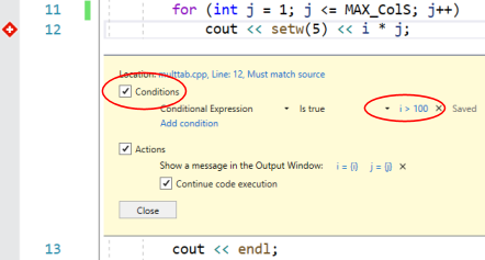 A screen capture showing the configuration of the inner for-loop trace point on line 12. The 'Action' is set to 'i = {i} j = {j}' and the 'Conditions' set to 'i > 100'.