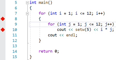 A screen capture showing tracepoints set on line 8 and 10 - the lines following the for-loops.