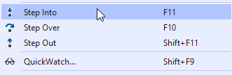 A portion of the 'Debug' menu showing stepping operations: Step Into (F11), Step Over (F10), and Step Out (Shift-F11).