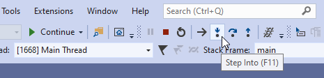 The 'Step Into' (aka the 'Single Step') button is one of the most useful debugger controls. It is a button near the top of Visual Studio identified by a downward-pointing arrow. You can also single-step through a program by pressing control-F11.
