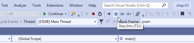 The single-step button is one of the most useful debugger controls. It is a button near the top of Visual Studio identified with a box with an arrow pointing into it. You can also single-step through a program by pressing control-F11.