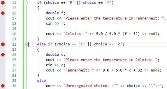 A screen capture of a portion of the if-version of the temperature conversion program showing breakpoints on lines 14 and 22 and tracepoints on lines 16, 24, and 30.