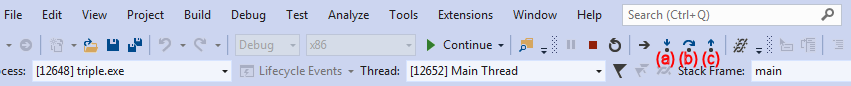 A screen capture showing the three stepping buttons appear when Visual Studio is in debug mode. The icons labeling the buttons vary between versions of Studio.