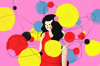 Modern art of woman surrounded by colored blobs and strings