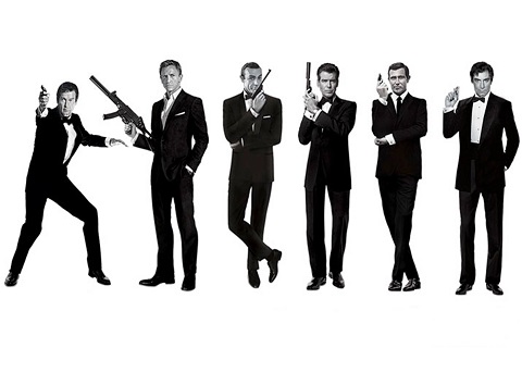 A lineup of each actor that has played James Bond as of 2021