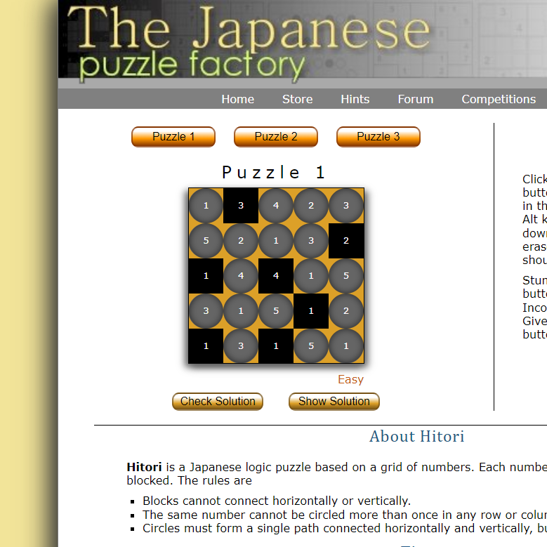 preview of Hitori Puzzle website