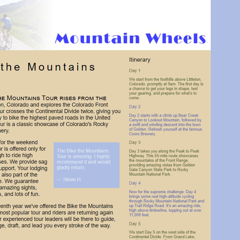 preview of mountain wheels website